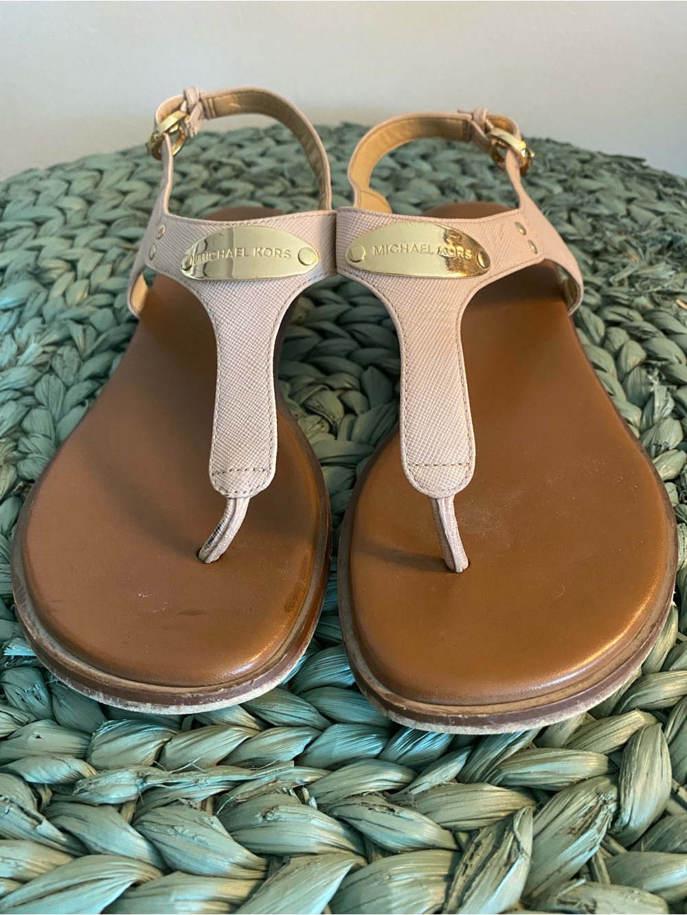 Michael Kors Nude/Pink T-Strap Logo Sandals